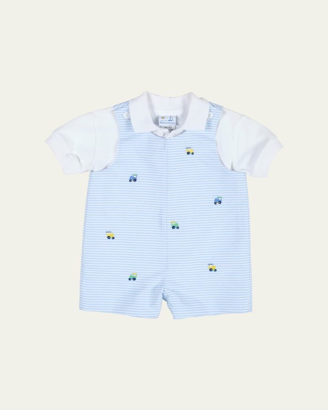 Boy's Striped Embroidered Trains Shortall W/ Polo Shirt, Size 3M-18